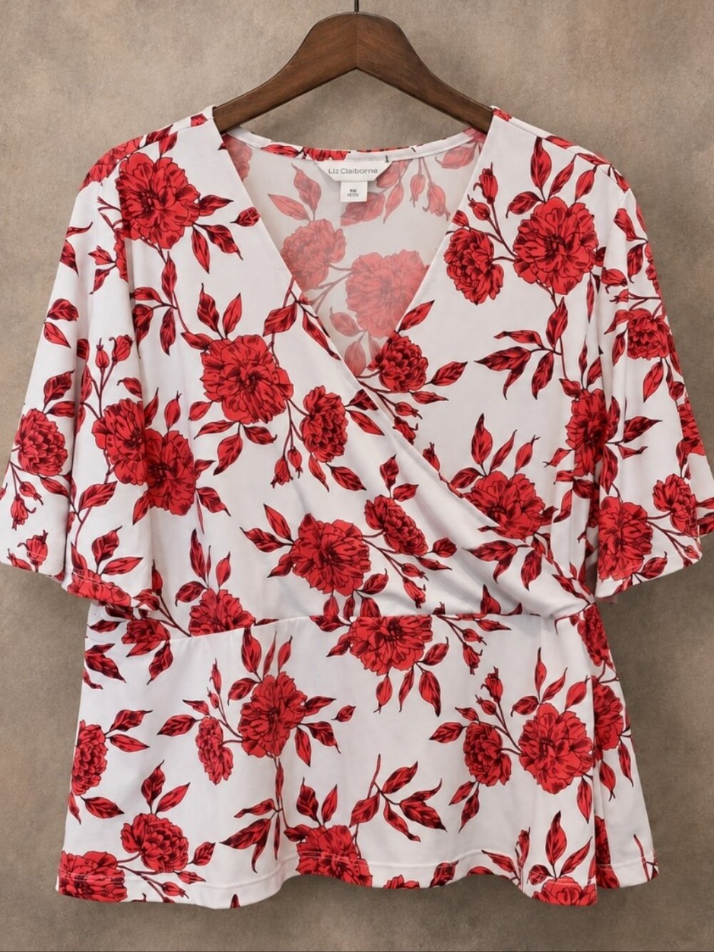 Liz Claiborne White Wrap Blouse with Red Floral Print